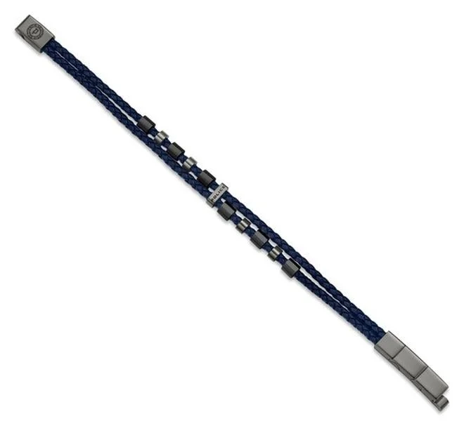 Police 19 Freeway Grey Stainless Steel and Blue Leather Bracelet for Men 190mm for Men | Best Price UAE